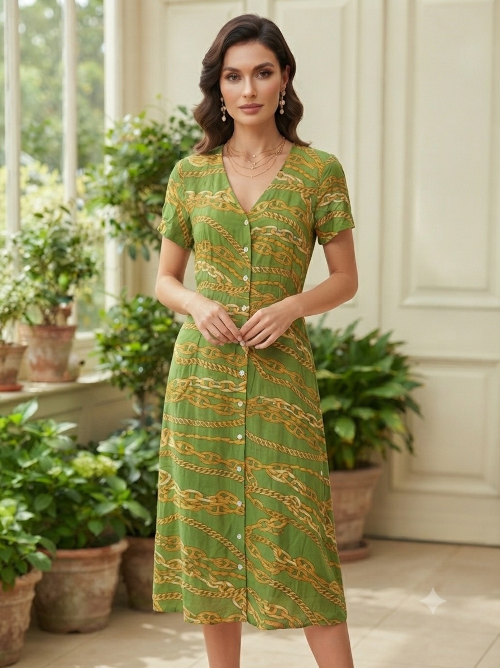 Green & Yellow Chain-Print Button-Front Dress  8